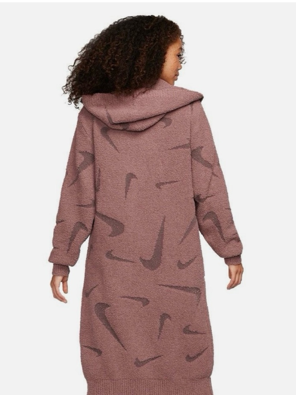 Nike Long Hooded Sherpa Cardigan in Dusty Rose with Swoosh Motif